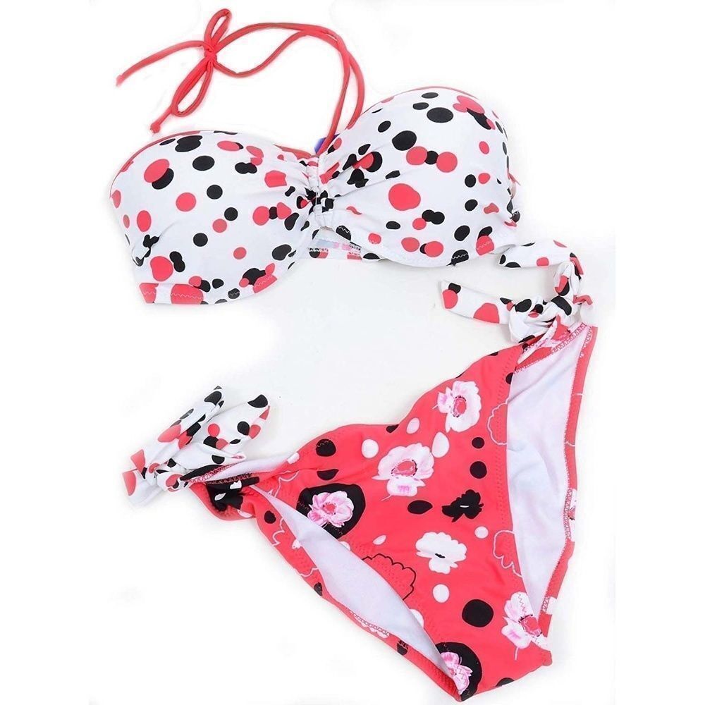 Polka Dot Floral Sexy Bandeau Bikini Swimsuit Set Beach Summer Vacation Cruise
